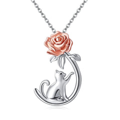 URONE Cat Necklace 925 Sterling Silver Rose Flower Cat Pendant Necklace Cat Jewelry for Women Cat Lovers